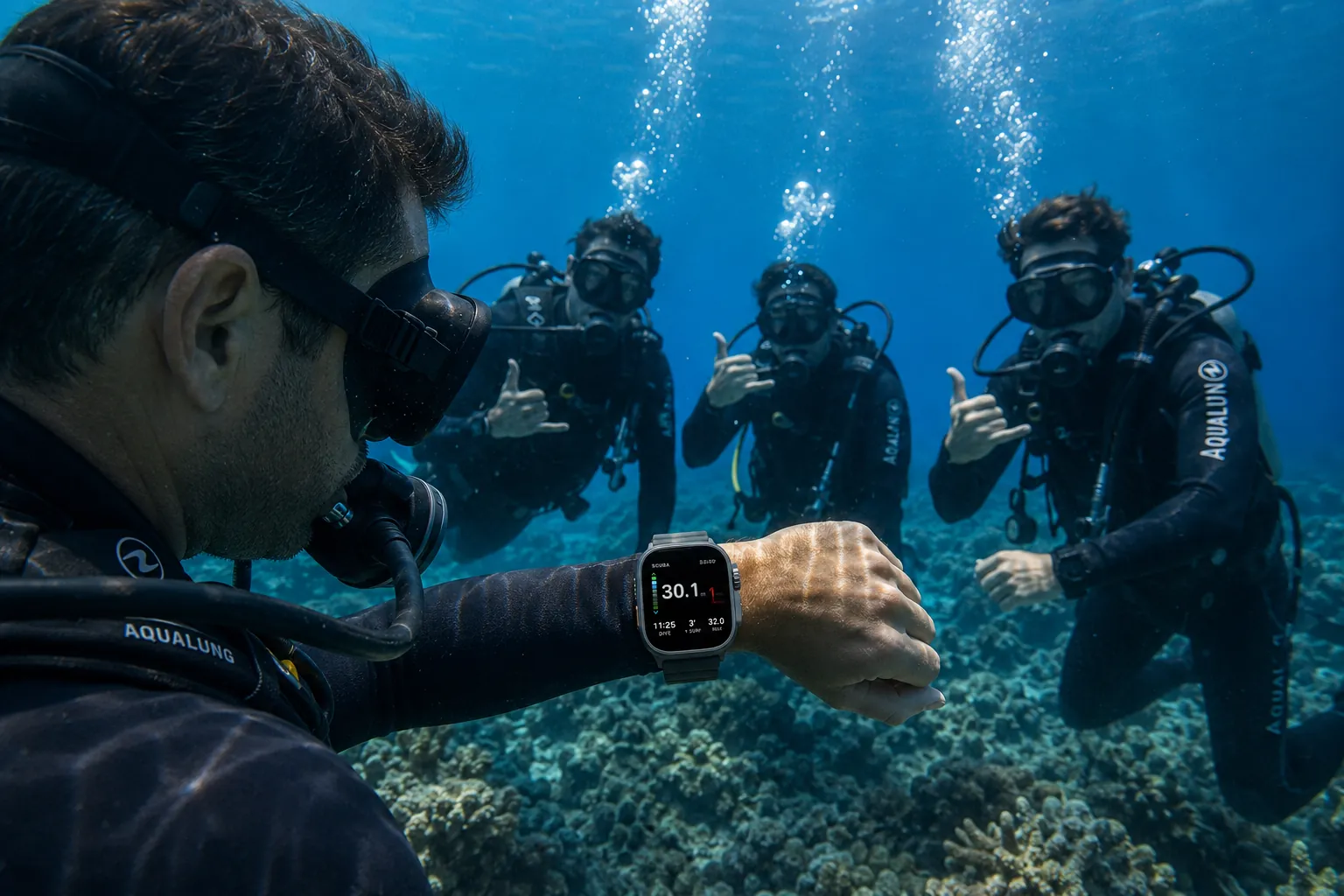 Diver checking depth and no-stop time at 30 metres